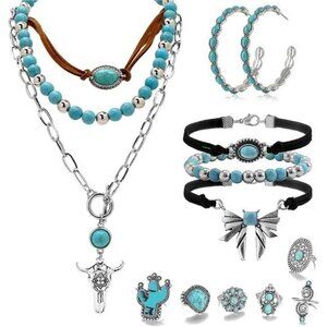 16 Pcs Western Jewelry for Women Bohemian Set, Faux Turquoise and Silver Set